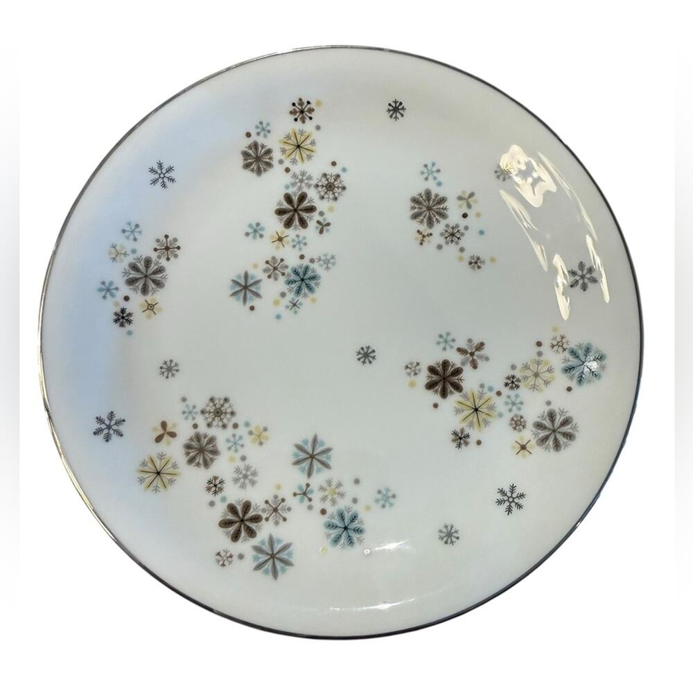 Vintage MCM Noritake Atomic Snowflake White 8”Dinner Plate with Blue Brown Motif